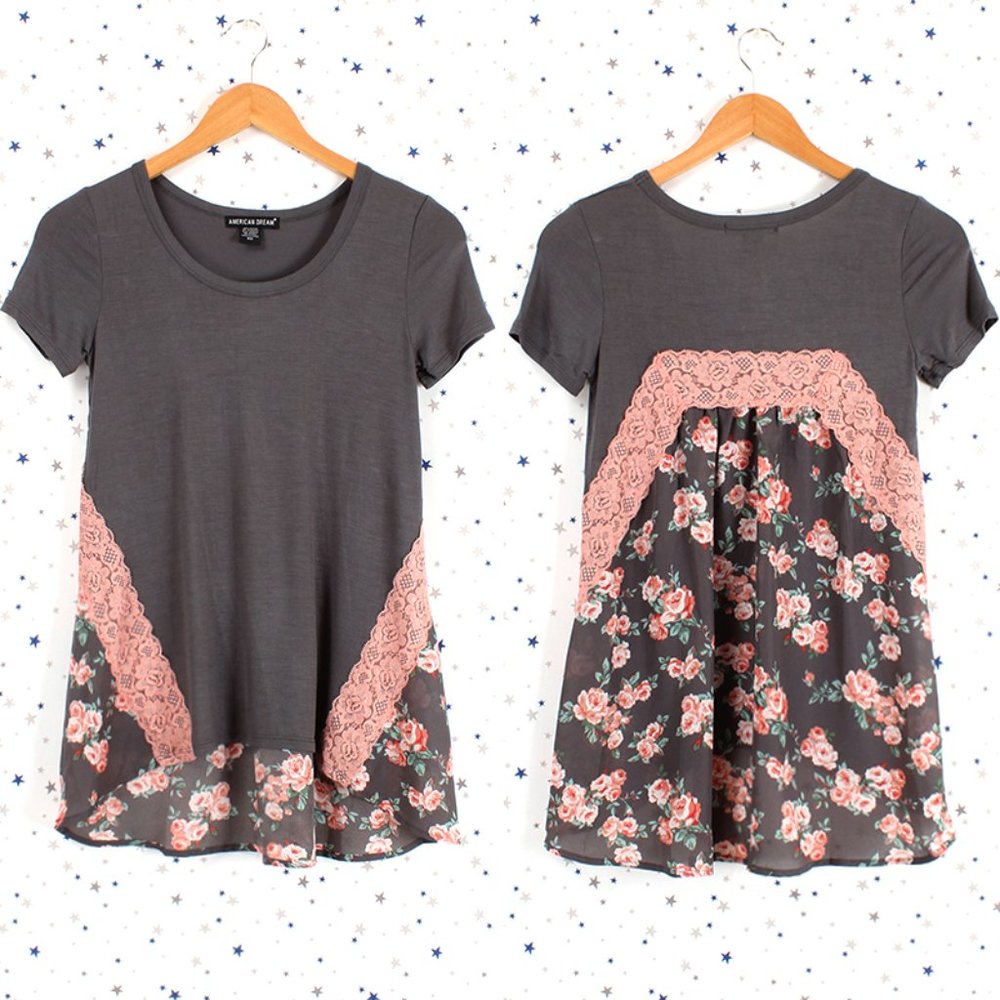 Floral Print Back Top Lace Detail Charcoal Peach